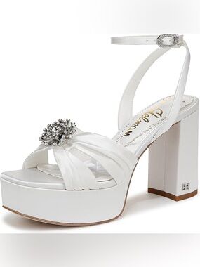 Elegant White Satin Platform Sandal with Rhinestone Accent
